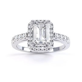 Princess White Sapphire Emerald Cut Halo Platinum plated Silver Promise Ring