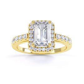 Princess Moissanite Emerald Cut Diamond Halo 18ct Yellow Gold Engagement Ring