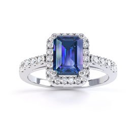 Princess Sapphire and Diamond Emerald Cut Halo 18ct White Gold Engagement Ring