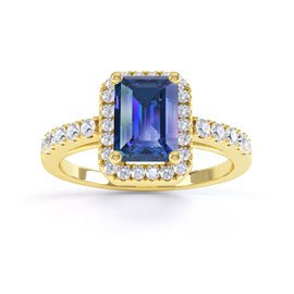 Princess Sapphire Emerald Cut Moissanite Halo 18ct Yellow Gold Engagement Ring