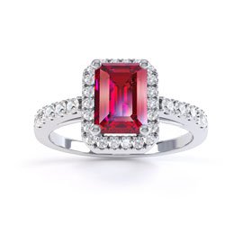 Princess Ruby and Diamond Emerald Cut Halo 18ct White Gold Engagement Ring