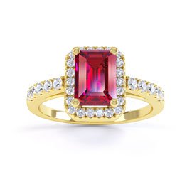Princess Ruby and Diamond Emerald Cut Halo 18ct Yellow Gold Promise Ring