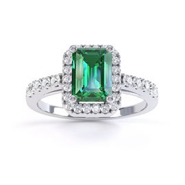 Princess Emerald Cut Emerald Moissanite Halo 18ct White Gold Engagement Ring
