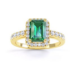 Princess Emerald cut Emerald Moissanite Halo 18ct Yellow Gold Engagement Ring