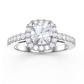 Princess White Sapphire Cushion Cut Halo Platinum plated Silver Promise Ring