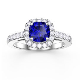 Princess Sapphire Cushion Cut Halo Platinum plated Silver Promise Ring