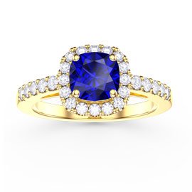 Princess Sapphire and Diamond Cushion Cut Halo 18ct Yellow Gold Engagement Ring