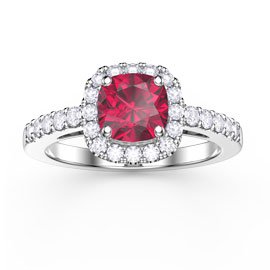 Princess Ruby and Diamond Cushion Cut Halo Platinum Engagement Ring
