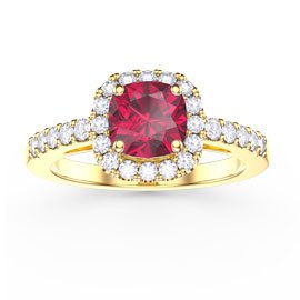 Princess Ruby Cushion Cut Diamond Halo 18ct Yellow Gold Engagement Ring