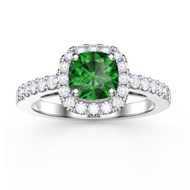 Princess Emerald and Diamond Cushion Cut Halo Platinum Engagement Ring