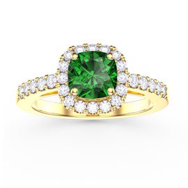 Princess Emerald Cushion Cut Halo 9ct Yellow Gold Proposal Ring