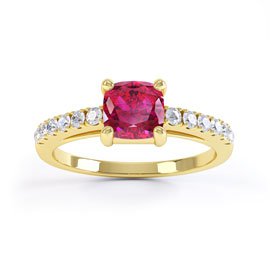 Unity Ruby Cushion and Diamond Pave 18ct Yellow Gold Engagement Ring