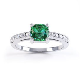 Unity Emerald and Diamond 18ct White Gold Cushion Cut Pave Engagement Ring