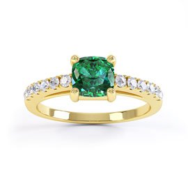 Unity Emerald and Diamond 18ct Yellow Gold Cushion Cut Pave Engagement Ring