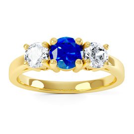 Eternity Three Stone Sapphire and Moissanite 9ct Yellow Gold Promise Ring