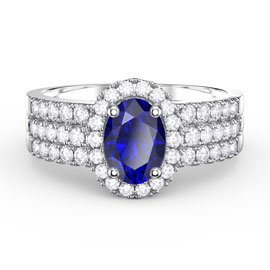 Eternity Oval Sapphire Halo and Half Eternity Platinum plated Silver Promise Ring Set