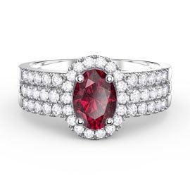 Eternity Oval Ruby Halo and Half Eternity Platinum plated Silver Promise Ring Set