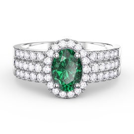 Eternity Oval Emerald Halo and Half Eternity Platinum plated Silver Promise Ring Set