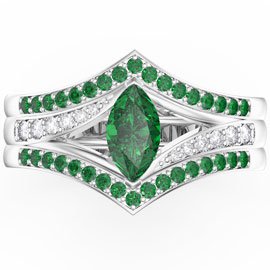 Unity Marquise Emerald Platinum plated Silver Promise Ring Set