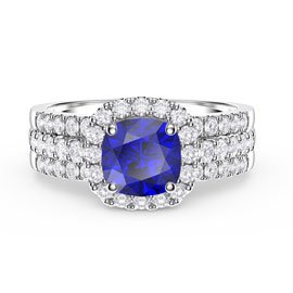 Princess Cushion Sapphire Halo and Half Eternity Platinum plated Silver Promise Ring Set