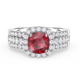 Princess Cushion Ruby Halo and Half Eternity Platinum plated Silver Promise Ring Set
