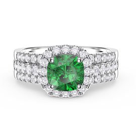 Princess Emerald Cushion Cut Halo and Half Eternity Platinum plated Silver Promise Ring Set