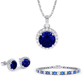 Eternity Sapphire Platinum plated Silver Jewellery Set with Pendant