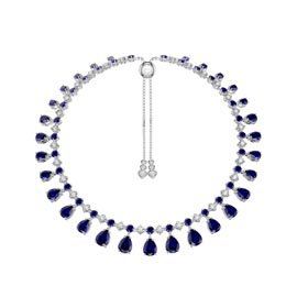 Princess Graduated Pear Drop Blue and White Sapphire Platinum plated Silver Choker Tennis Necklace