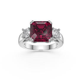 Princess 4ct Asscher Cut Ruby Lab Diamond Platinum Three Stone Engagement Ring