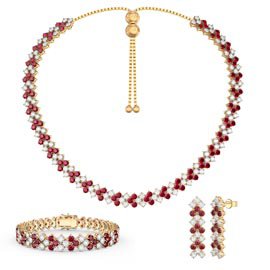 Three Row Ruby and Diamond CZ 18ct Gold plated Silver Jewellery Set