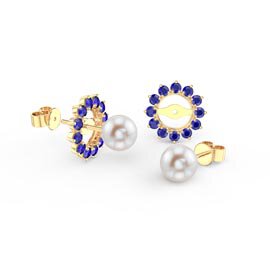 Fusion Pearl 18ct Gold Vermeil Stud Sapphire Earrings Halo Jacket Set