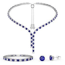 Eternity Asymmetric Drop Sapphire and Diamond CZ Rhodium plated Silver Jewellery Set
