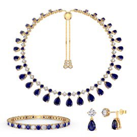Princess Graduated Pear Drop Sapphire 18ct Gold plated Silver Choker Tennis Necklace Jewellery Set