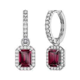 Princess 2ct  Ruby Emerald Cut Halo Platinum plated Silver Interchangeable Hoop Drop Set
