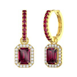 Princess 2ct  Ruby Emerald Cut Halo 18ct Gold Vermeil Interchangeable Ruby Hoop Drop Set