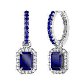 Princess 2ct Sapphire Emerald Cut Halo Platinum plated Silver Interchangeable Sapphire Hoop Drop Set