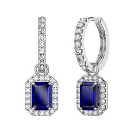 Princess 2ct Sapphire Emerald Cut Halo Platinum plated Silver Interchangeable Hoop Drop Set