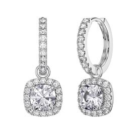 Princess 2ct White Sapphire Cushion Cut Halo Platinum plated Silver Interchangeable Hoop Drop Set