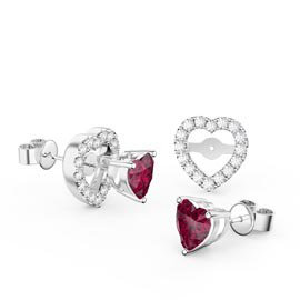 Charisma Heart Garnet and White Sapphire Platinum Plated Silver Stud Earrings Halo Jacket Set