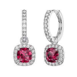 Princess 2ct  Ruby Cushion Cut Halo Platinum plated Silver Interchangeable Hoop Drop Set
