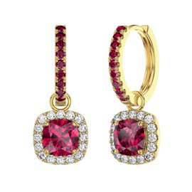 Princess 2ct  Ruby Cushion Cut Halo 18ct Gold Vermeil Interchangeable Ruby Hoop Drop Set