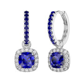Princess 2ct Sapphire Cushion Cut Halo Platinum plated Silver Interchangeable Sapphire Hoop Drop Set