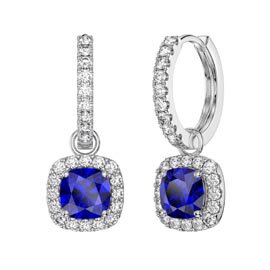 Princess 2ct Sapphire Cushion Cut Halo Platinum plated Silver Interchangeable Hoop Drop Set