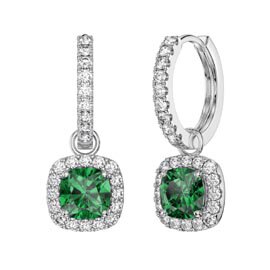 Princess 2ct Emerald Cushion Cut Halo Platinum plated Silver Interchangeable Hoop Drop Set