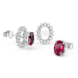 Eternity Oval Ruby Platinum Plated Silver Stud Earrings Halo Jacket Set