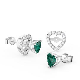 Charisma Heart Emerald  and White Sapphire Platinum Plated Silver Stud Earrings Halo Jacket Set