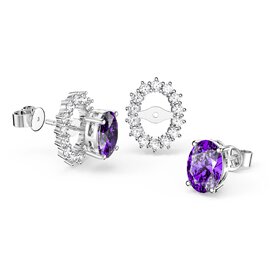 Eternity Oval Amethyst Platinum Plated Silver Stud Earrings Halo Jacket Set