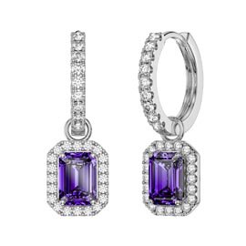 Princess 2ct Amethyst Emerald Cut Halo Platinum plated Silver Interchangeable Hoop Drop Set