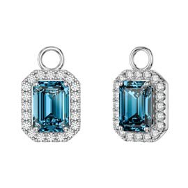 Princess 2ct Swiss Blue Topaz Emerald Cut Halo Platinum plated Silver Interchangeable Earring Drops