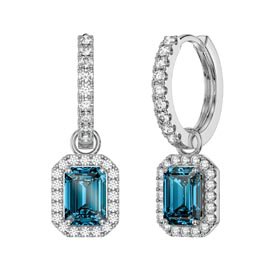 Princess 2ct Swiss Blue Topaz Emerald Cut Halo Platinum plated Silver Interchangeable Hoop Drop Set